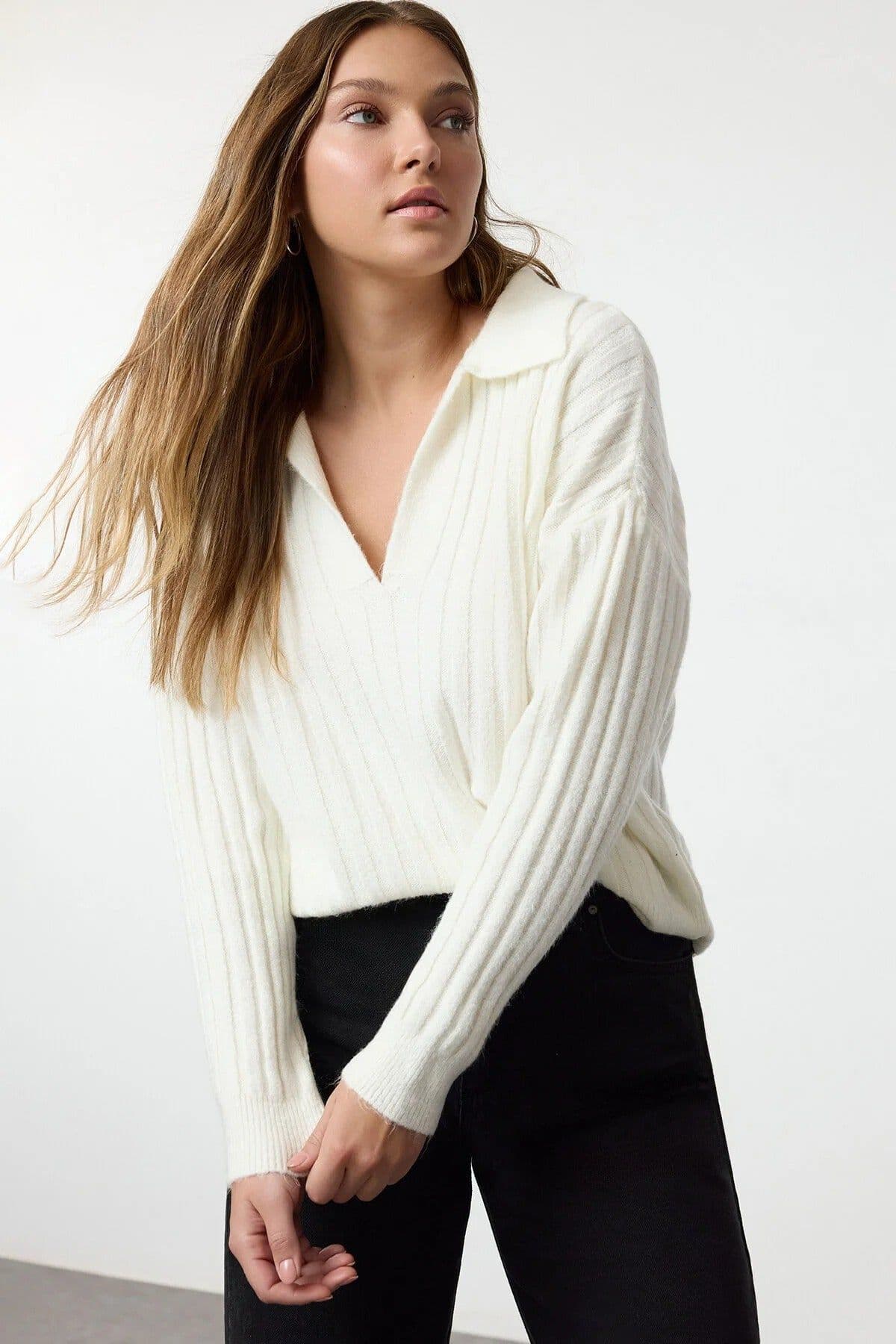 Relaxed Fit V Neck Ribbed Knit Long Sleeve Polo Collar Sweater Jumper