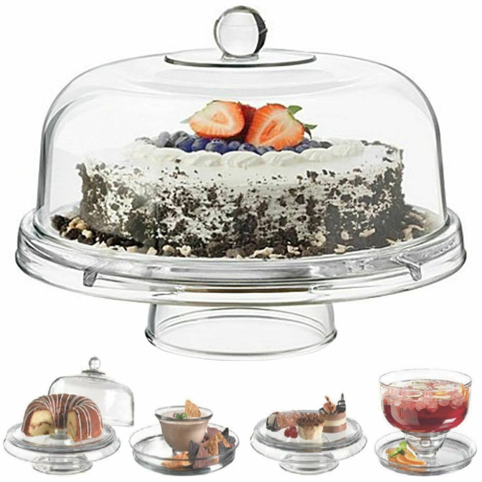 Functional 6in1 Clear Cake Stand Dome Platter Dip Server Punch Salad Bowl