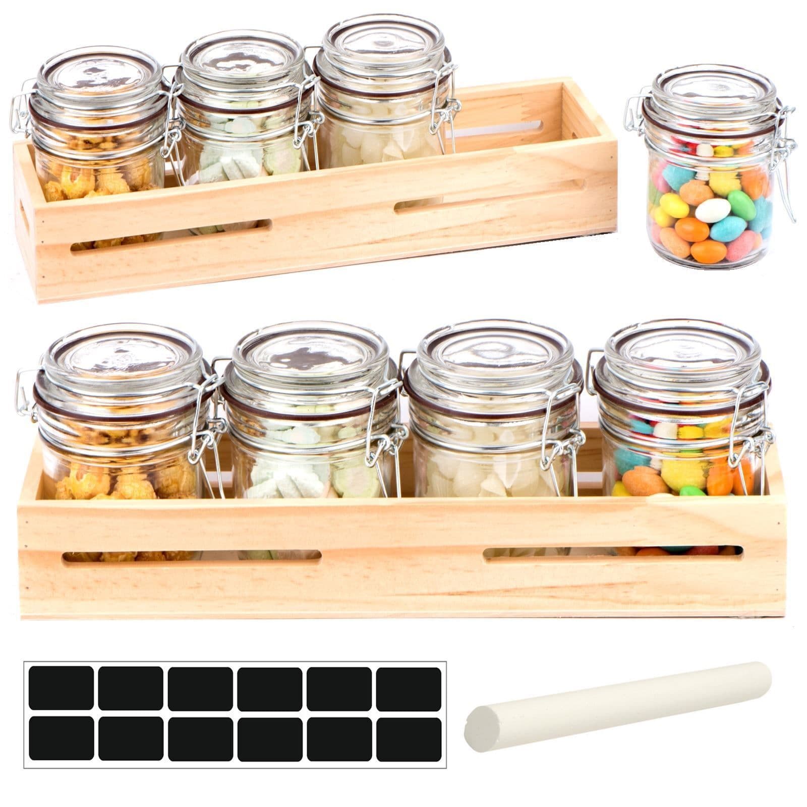 Set 4 Clip Top Food Preserve Glass Spice Jars Wooden Storage Tray