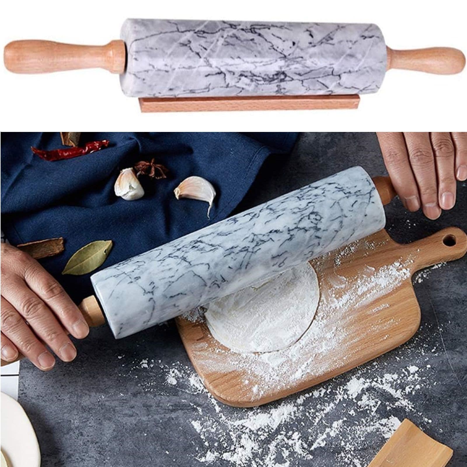 Marble Rolling Pin 46cm Kitchen Roll Baking Roller Wooden Handles Stand