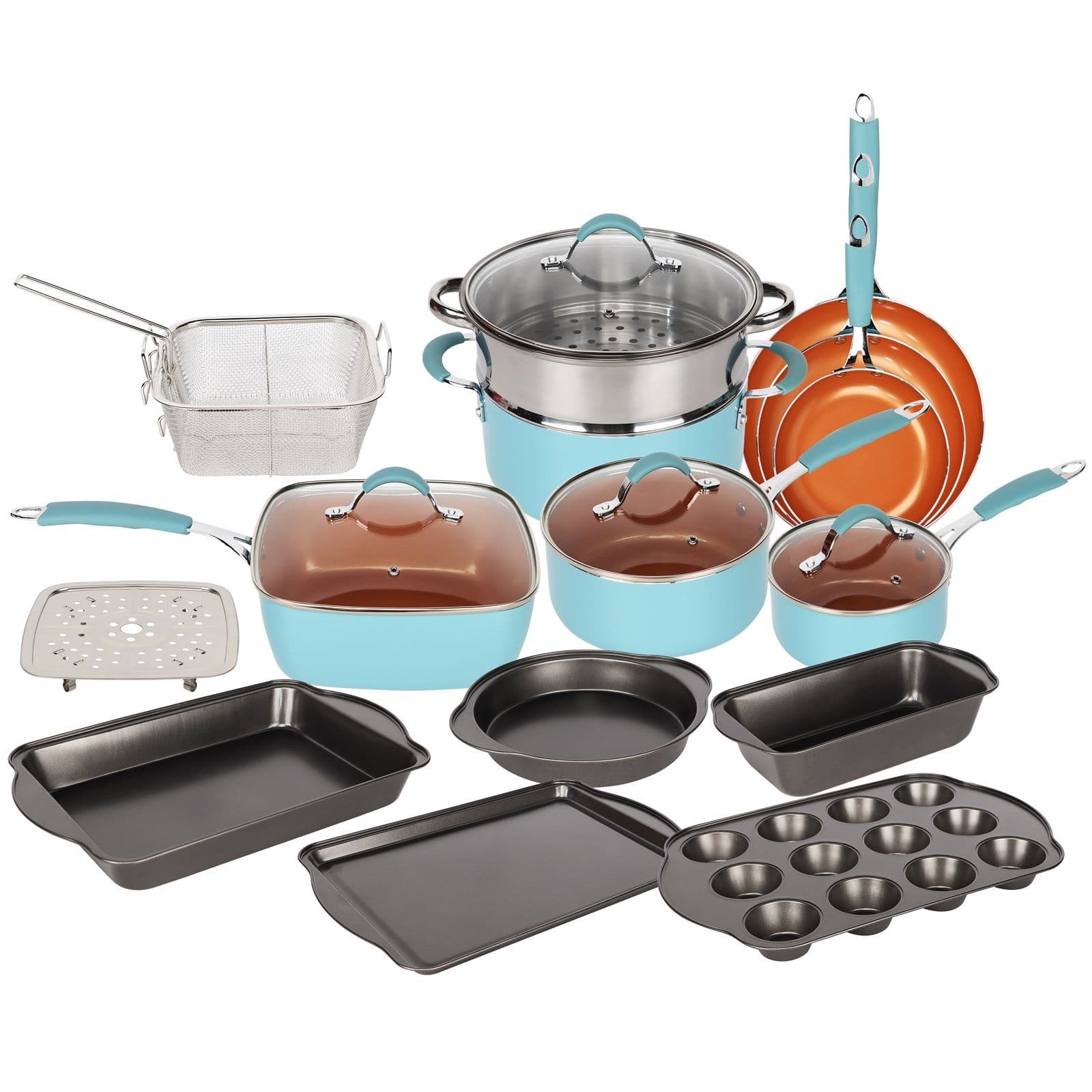Copper Induction 19 Piece Non Stick Kitchen Cookware Bakeware Set