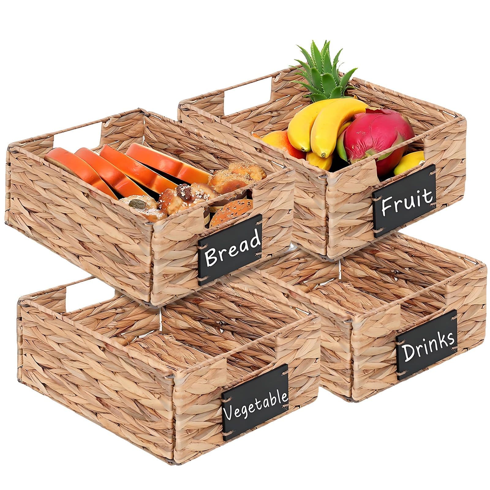Set 4 Water Hyacinth Pantry Storage Baskets Organiser Chalkboard Handles