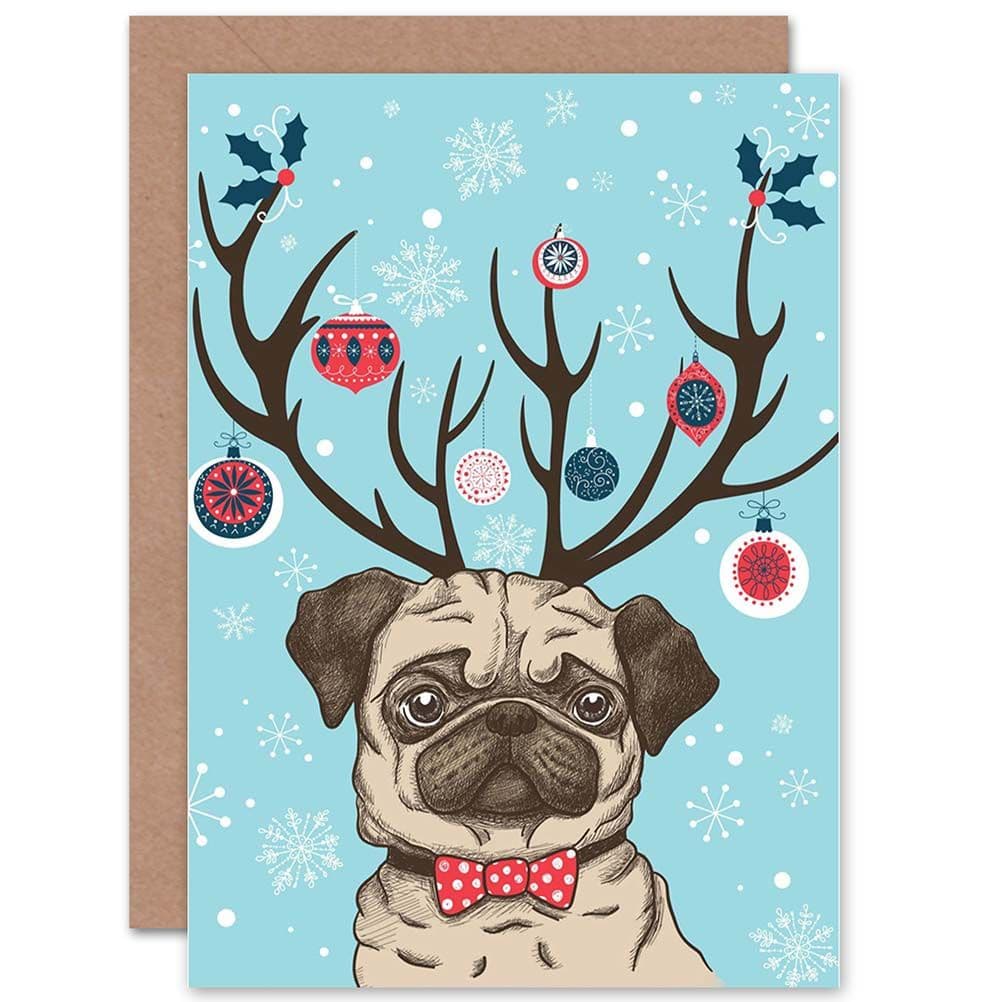 Cute Pug Christmas Ornaments Antlers Dog Greetings Card