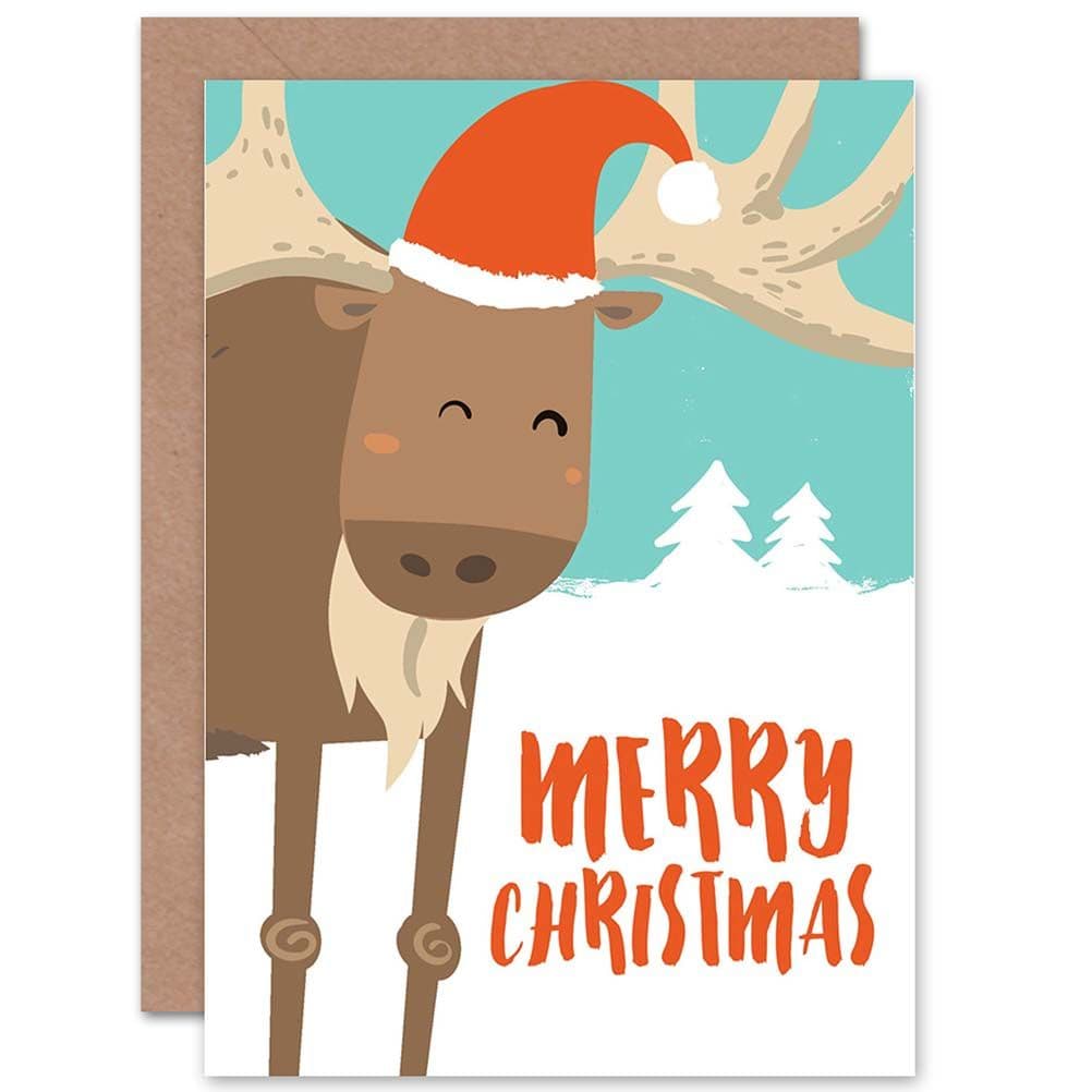 Reindeer With Santa Hat Christmas Greetings Card