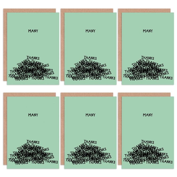 Thank You Cards - Many Thanks Green Typography Set Greeting Cards With Envelopes Pack of 6