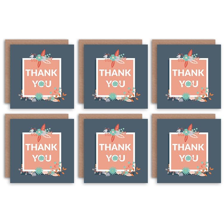 Thank You Cards - Floral Design Blue Set Blank Greeting Cards With Envelopes Pack of 6