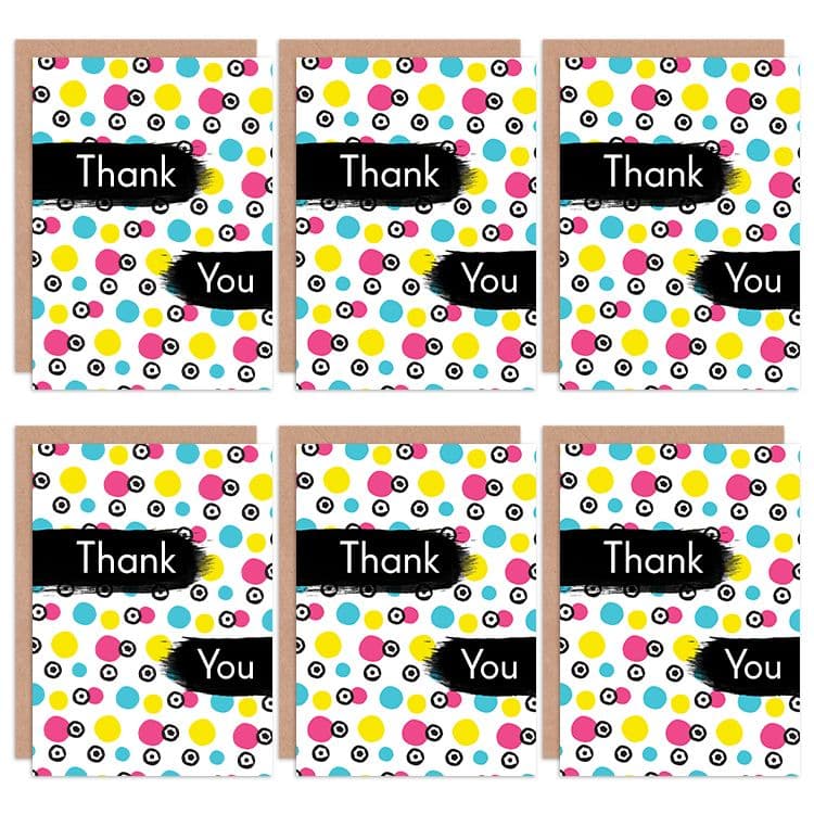Thank You Cards Polka Dot Yellow Pink Set Greeting Cards Envelopes Pack 6