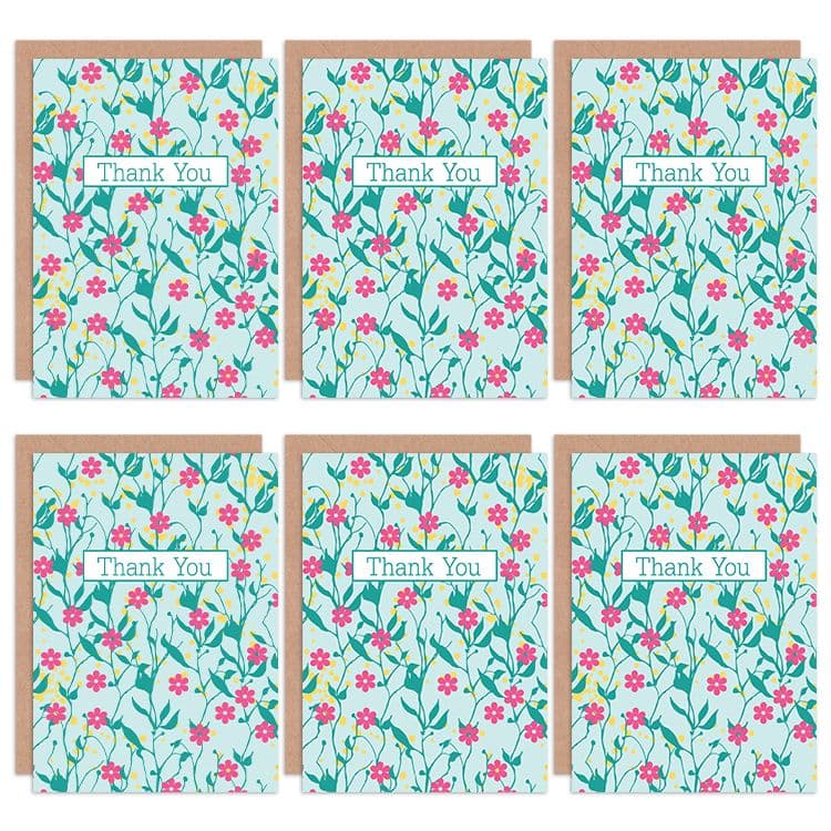 Thank You Cards Vintage Flowers Floral Pink Green Set Greeting Cards With Envelopes Pack of 6