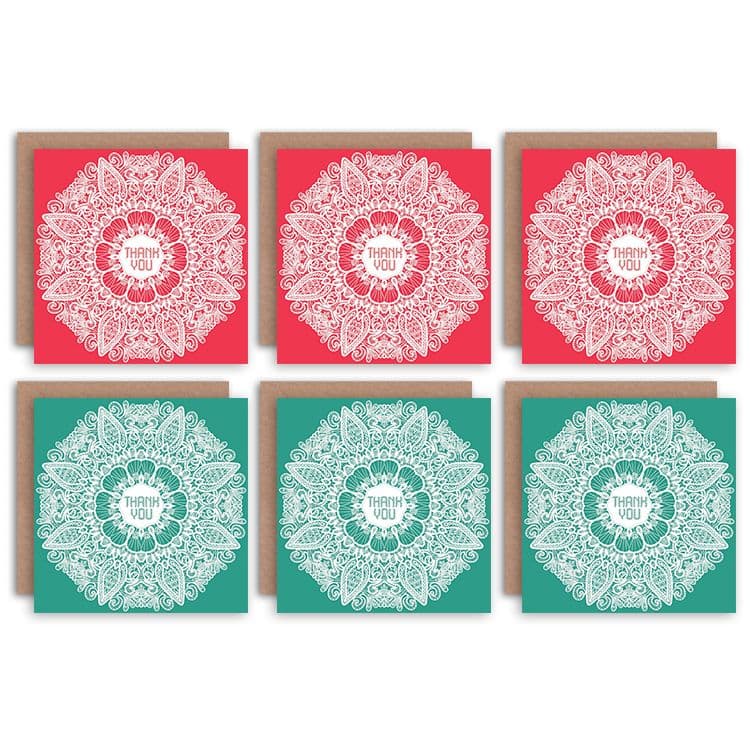 Thank You Cards Mandala Pattern Green Red Set Greeting Cards With Envelopes Pack of 6