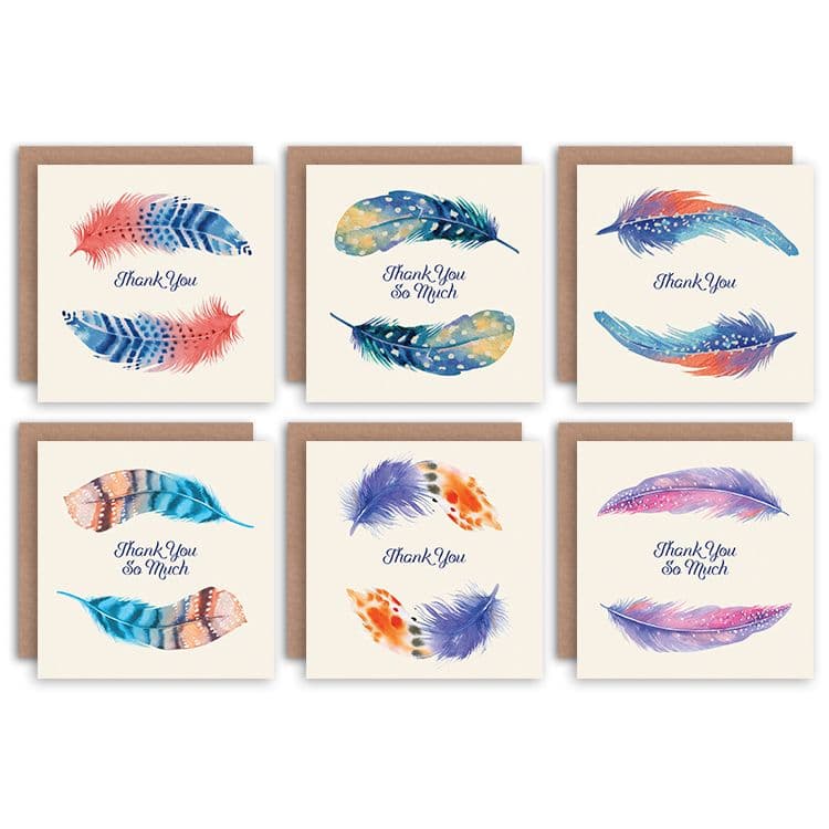 Thank You Cards Watercolour Feathers Multicoloured Greeting Cards With Envelopes Pack of 6
