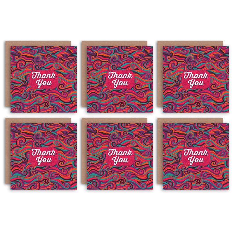 Thank You Cards Swirly Pattern Multicoloured Funcky Set Greeting Cards Envelopes Pack 6