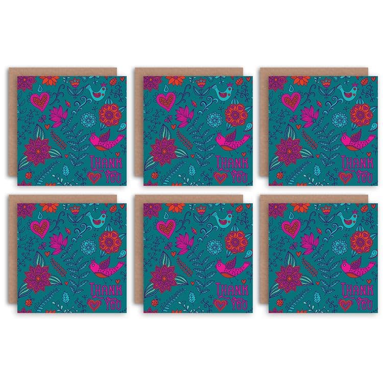 Thank You Cards Hearts Birds Flowers Floral Pattern Set Greeting Cards With Envelopes Pack of 6