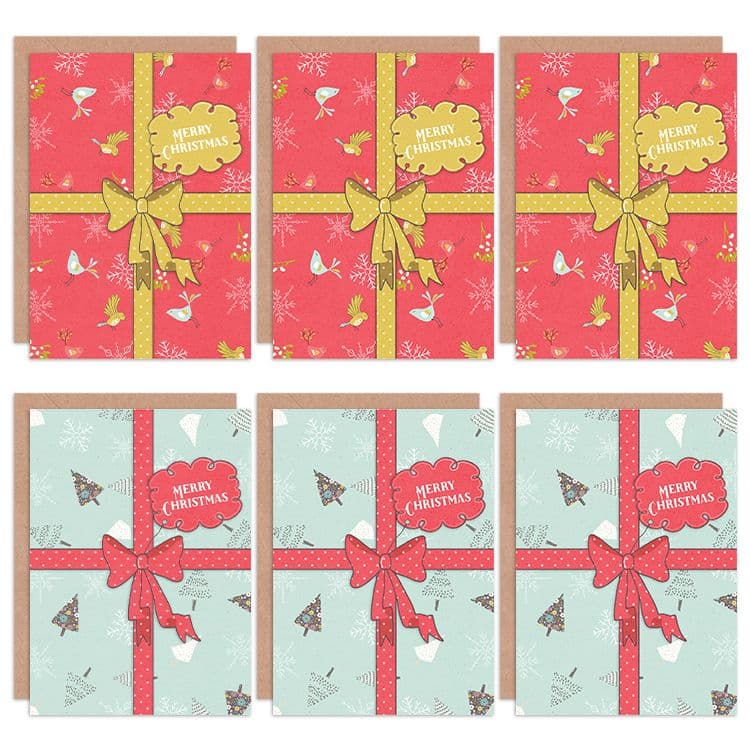 Christmas Cards Present Ribbon Gift Snowflake Greeting Cards Envelopes Pack 6