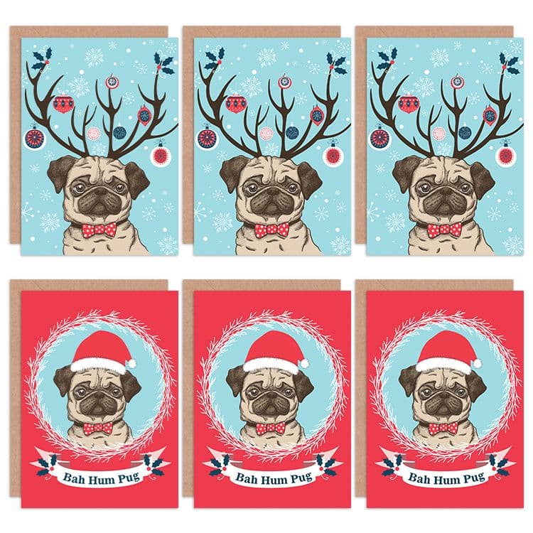 Christmas Cards Pug Dog Cute Funny Bah Humbug Set Greeting Cards Envelopes Pack 6