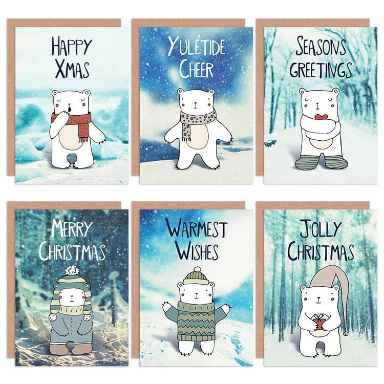 Christmas Cards Cute Polar Bears Snow Scene Greeting Cards Envelopes Pack 6