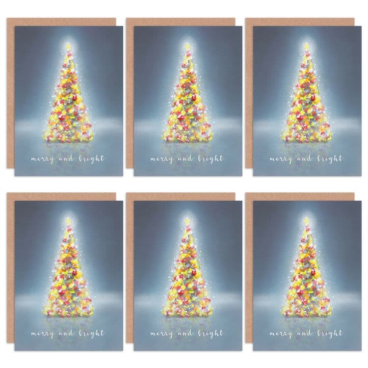 Christmas Cards Tree Lights Merry Bright Set Xmas Greeting Cards Envelopes Pack 6