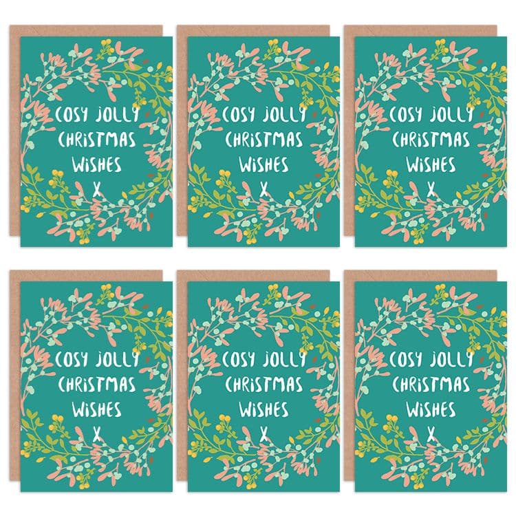 Christmas Cards Cosy Jolly Wishes Mistletoe Set Xmas Greeting Cards Envelopes Pack 6