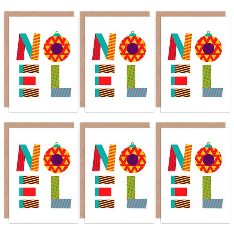Christmas Cards - Noel Patchwork Colourful Set Xmas Greeting Cards With Envelopes Pack of 6