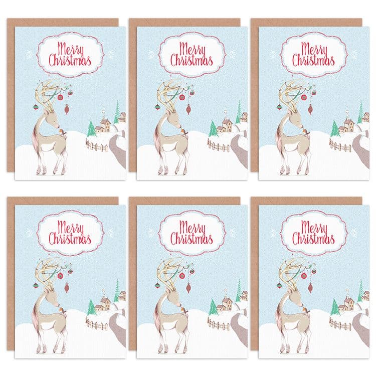 Christmas Cards Cute Reindeer Robin Winter Scene Set Xmas Greeting Cards With Envelopes Pack of 6