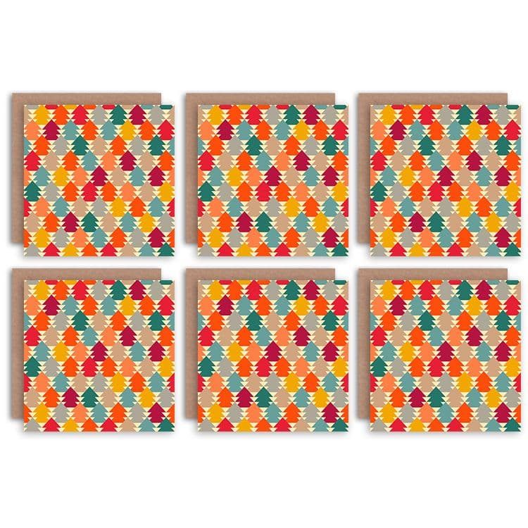 Christmas Cards - Tree Bright Multi Pattern Set Xmas Greeting Cards With Envelopes Pack of 6