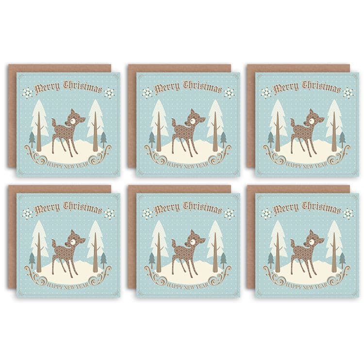 Christmas Cards - Vintage Baby Reindeer Kids Set Xmas Greeting Cards With Envelopes Pack of 6