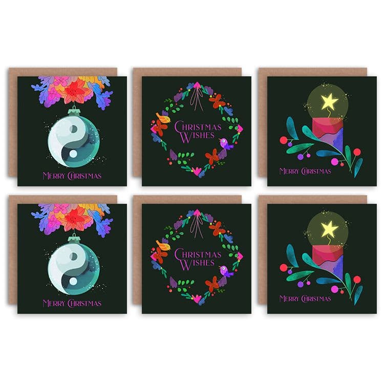 Bright and Warm Baubles Wreaths and Decorations Christmas Greeting Cards With Envelopes Pack of 6