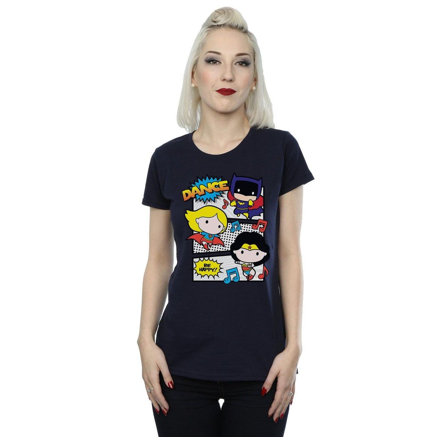 DC Comics Women's Chibi Super Friends Dance Cotton T-Shirt in Navy | Size: Medium
