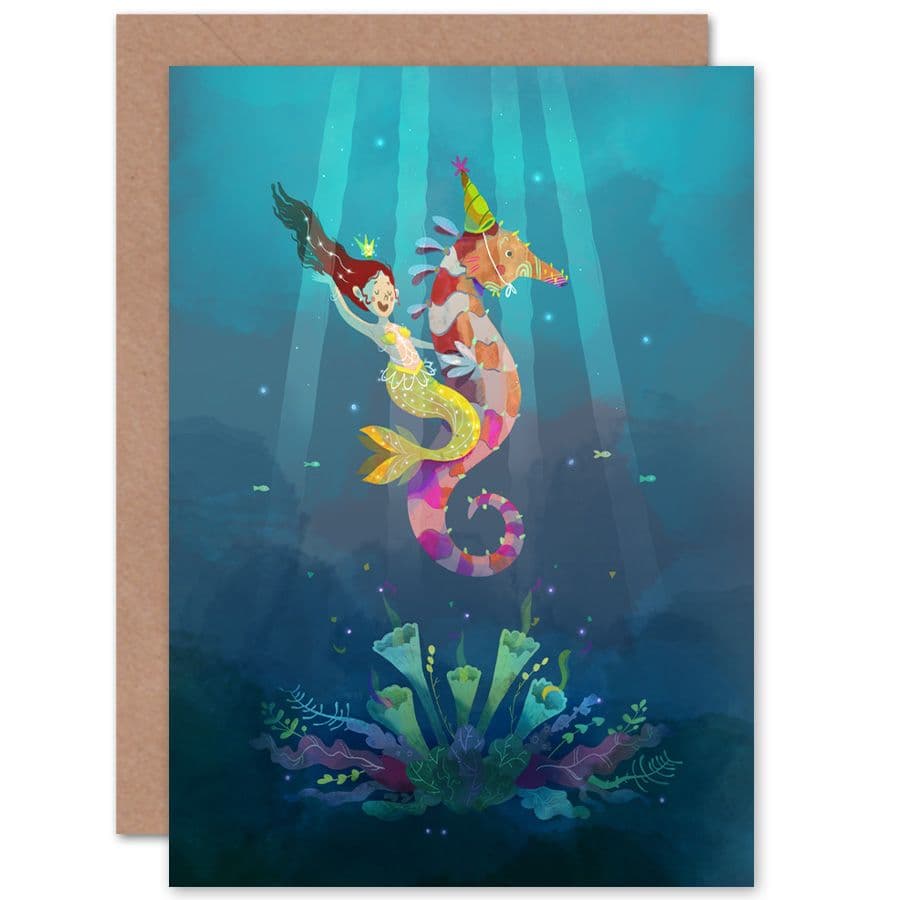 Mermaid Seahorse Yellow Greetings Card
