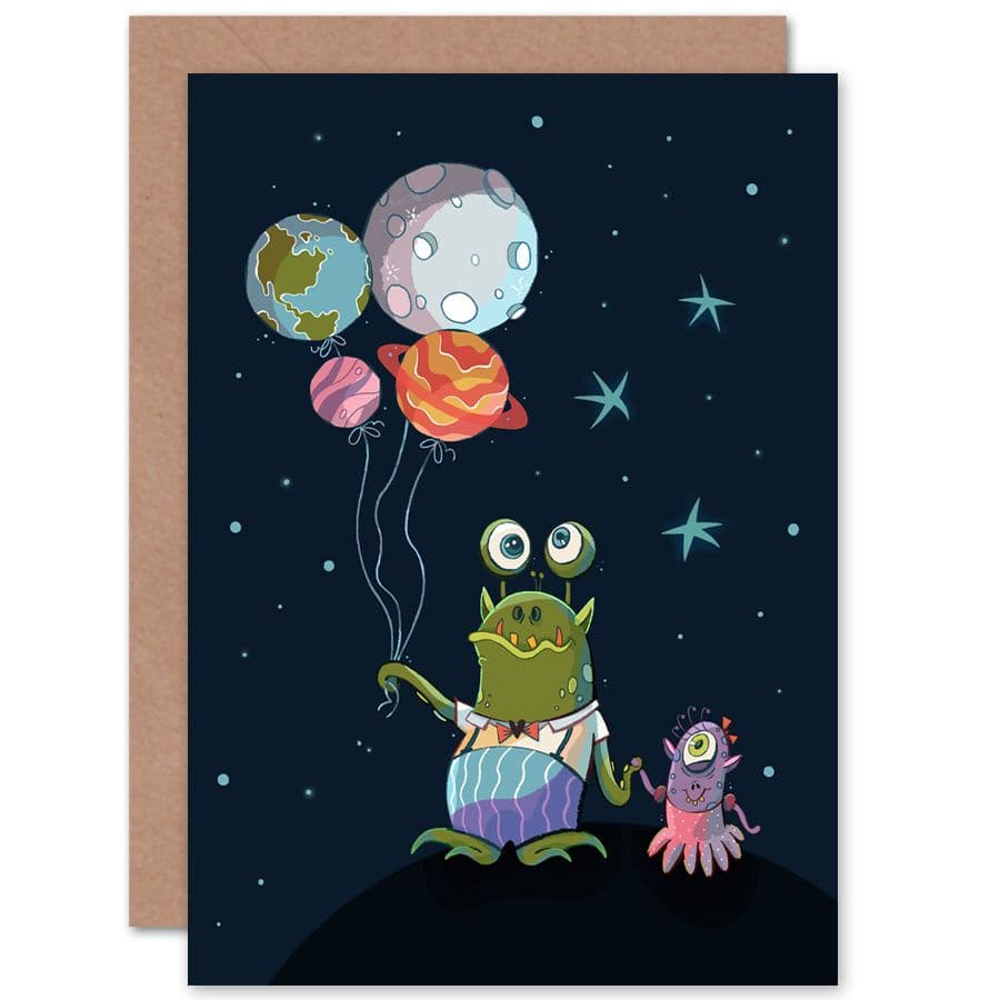 Aliens Space Planet Balloons Greetings Card