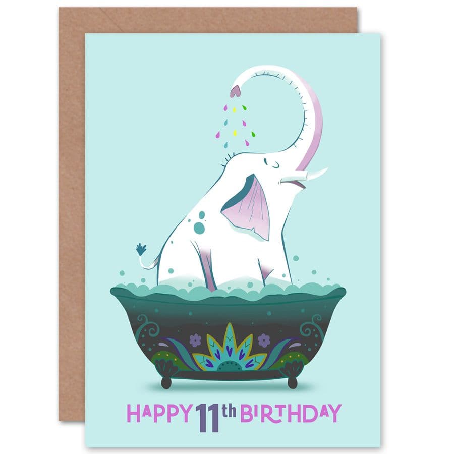 Elephant Bath 11th Birthday Greetings Card