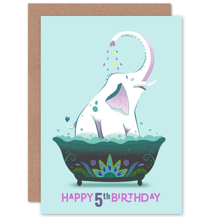 Elephant Bath 5th Birthday Greetings Card