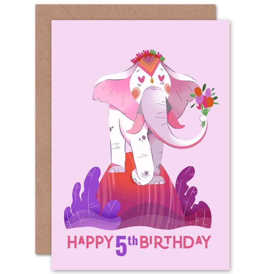 Elephant Flower 5th Birthday Greetings Card