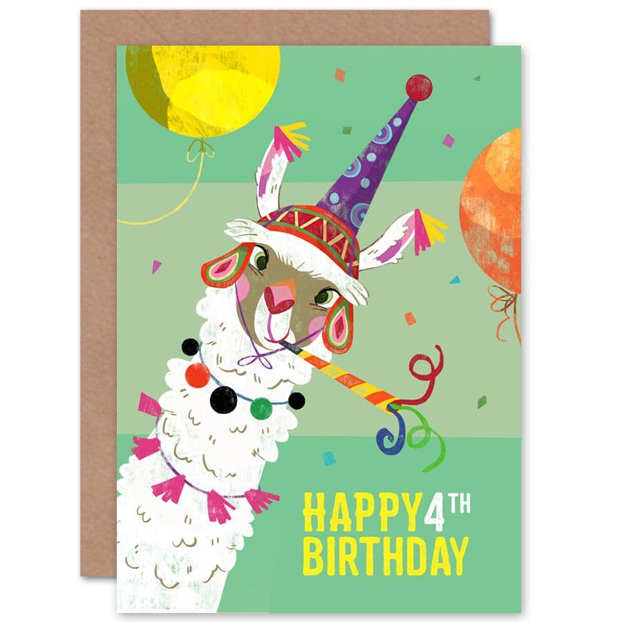 Llama Party 4th Birthday Greetings Card
