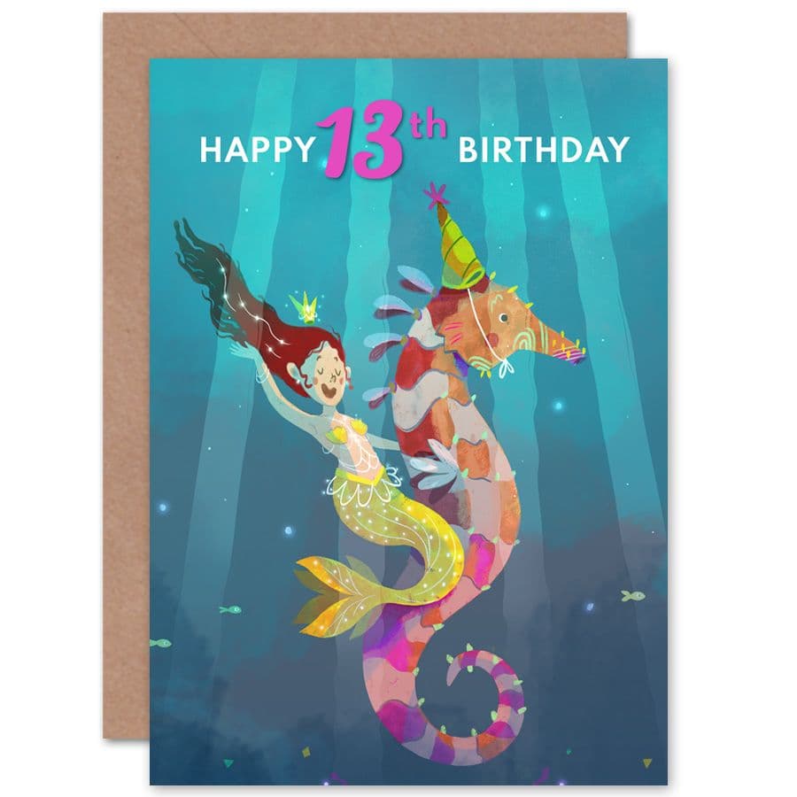 Mermaid Seahorse 13th Birthday Greetings Card