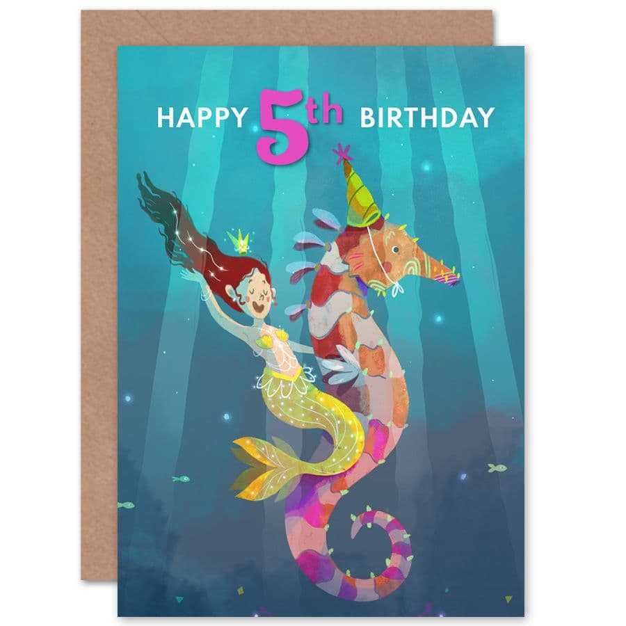 Mermaid Seahorse 5th Birthday Greetings Card