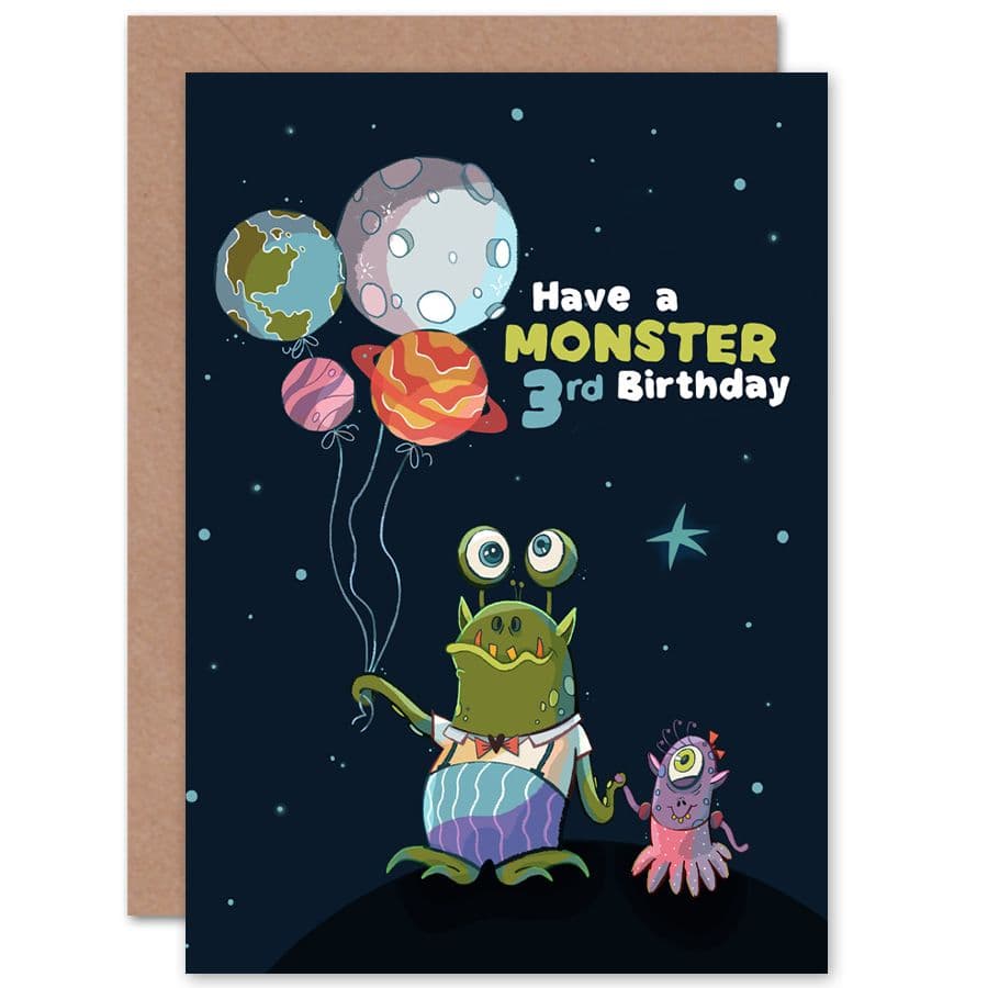 Space Balloon Monster 3rd Birthday Greetings Card