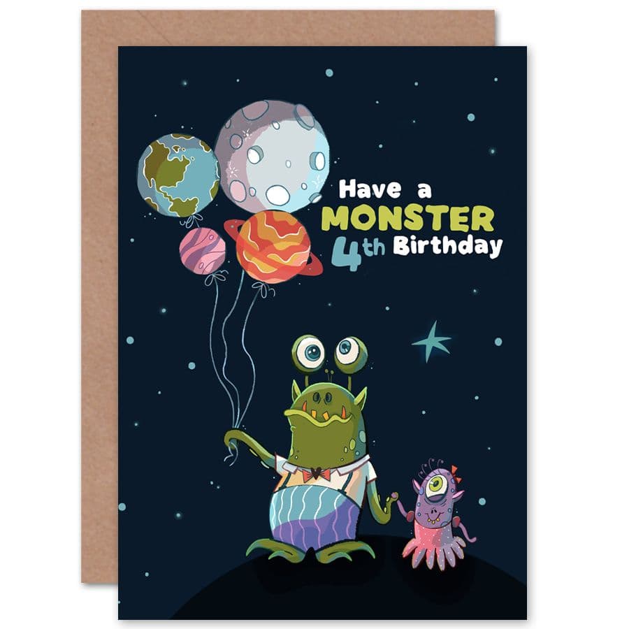 Space Balloon Monster 4th Birthday Greetings Card
