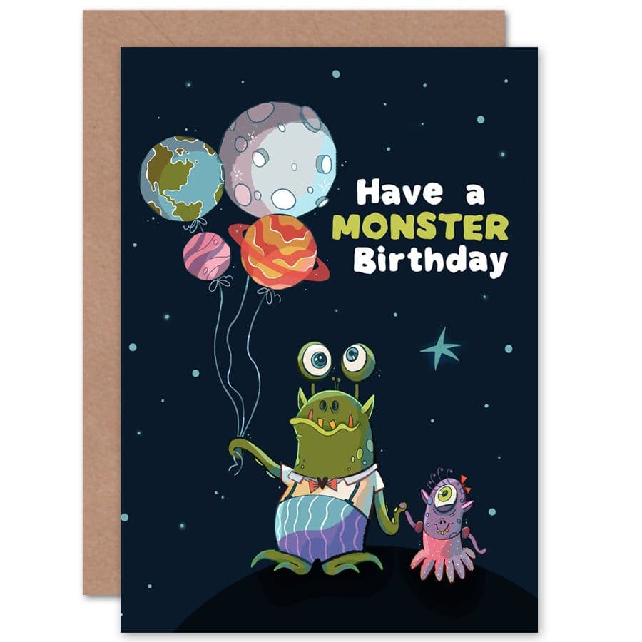 Space Balloon Monster Birthday Greetings Card