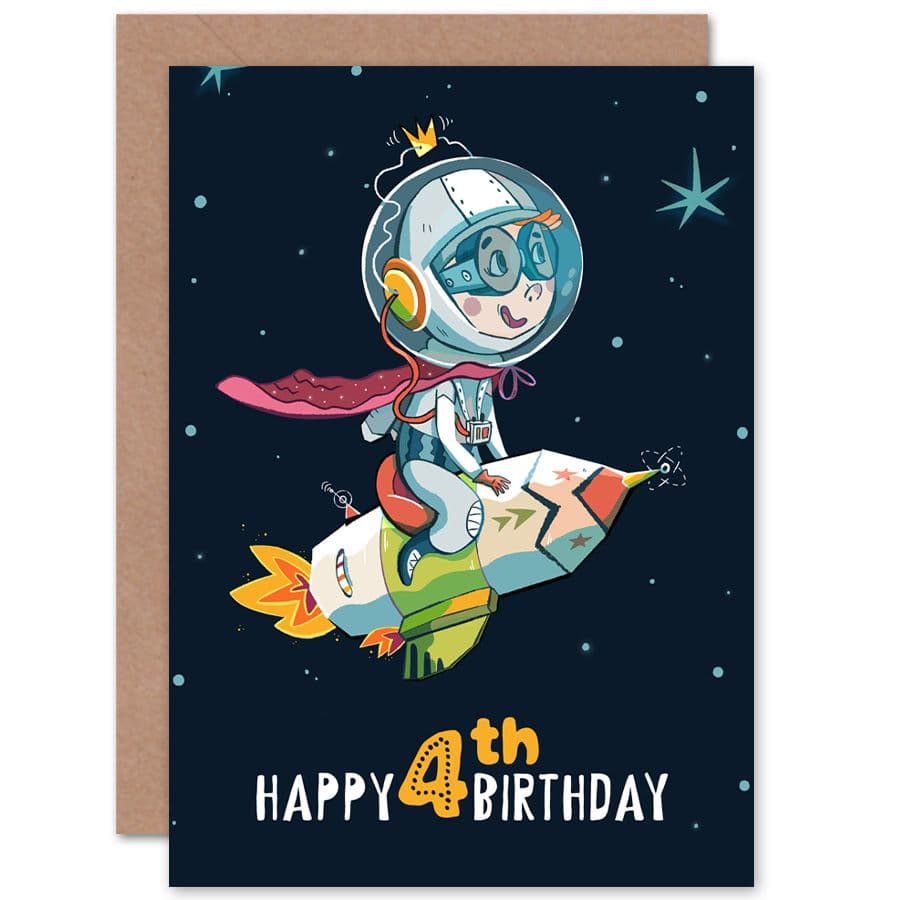 Space Rocket Astronaut 4th Birthday Greetings Card