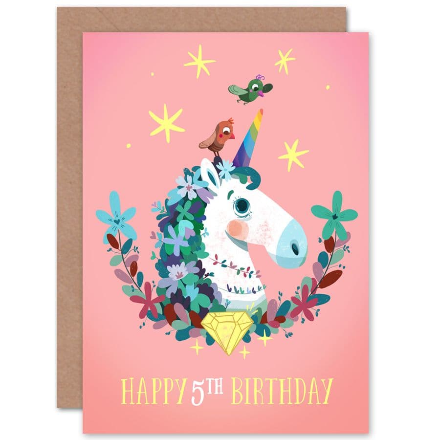 Unicorn Flowers 5th Birthday Greetings Card