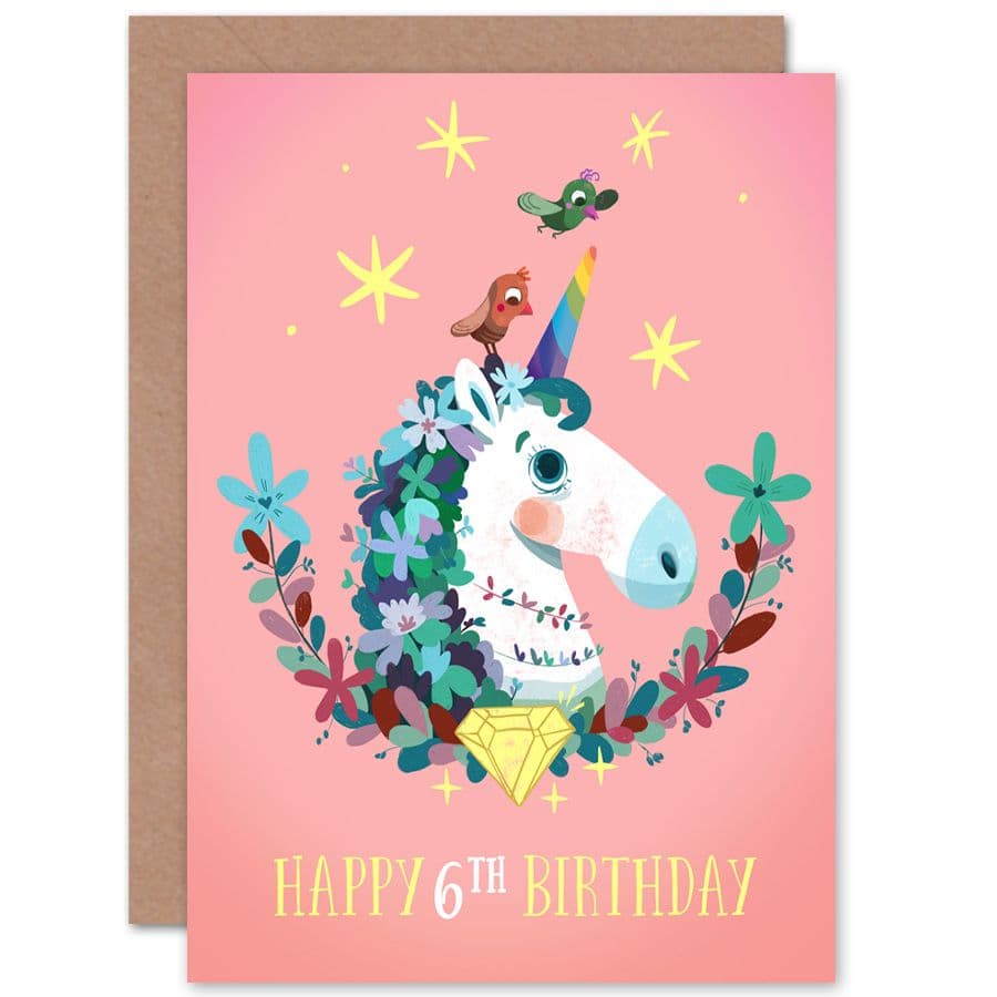 Unicorn Flowers 6th Birthday Greetings Card