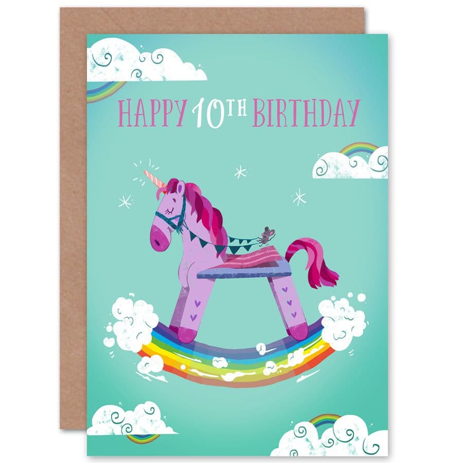 Unicorn Rocking 10th Birthday Greetings Card