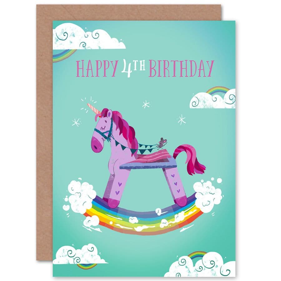 Unicorn Rocking 4th Birthday Greetings Card