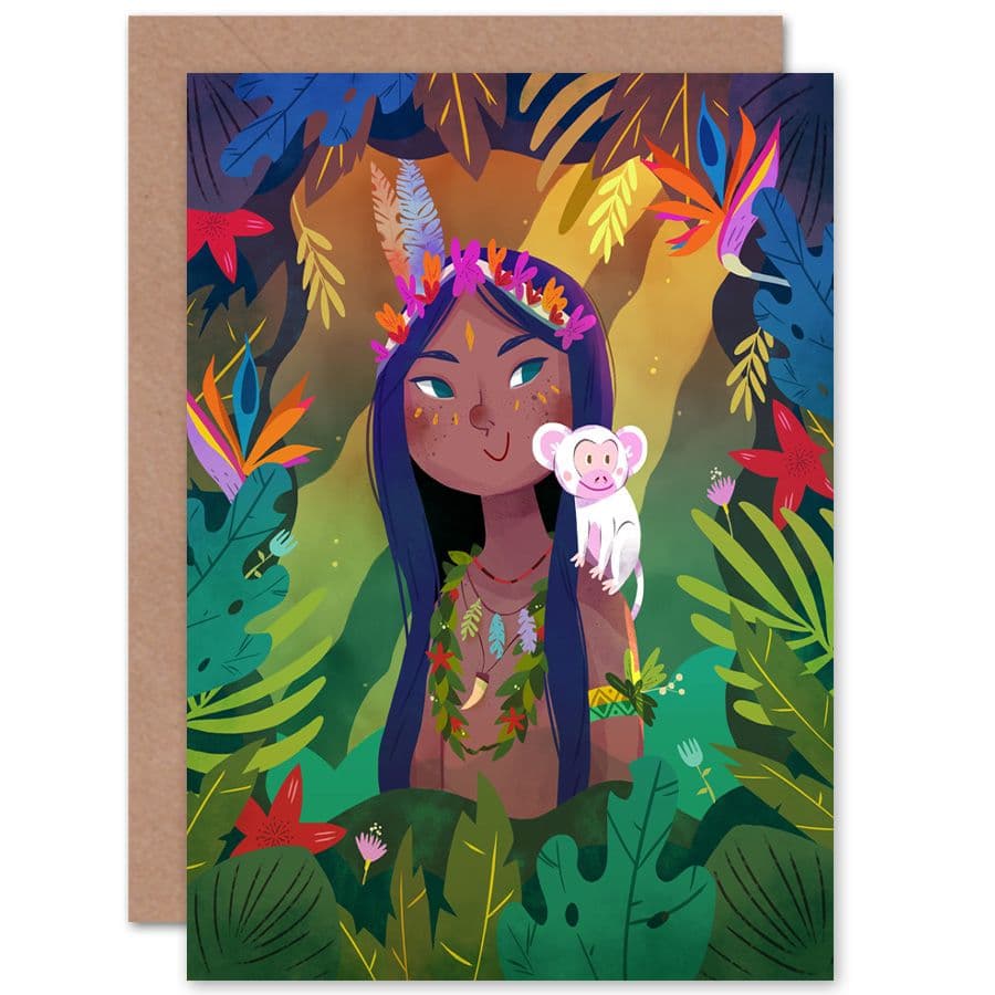 Jungle Girl Flowers Monkey Greetings Card