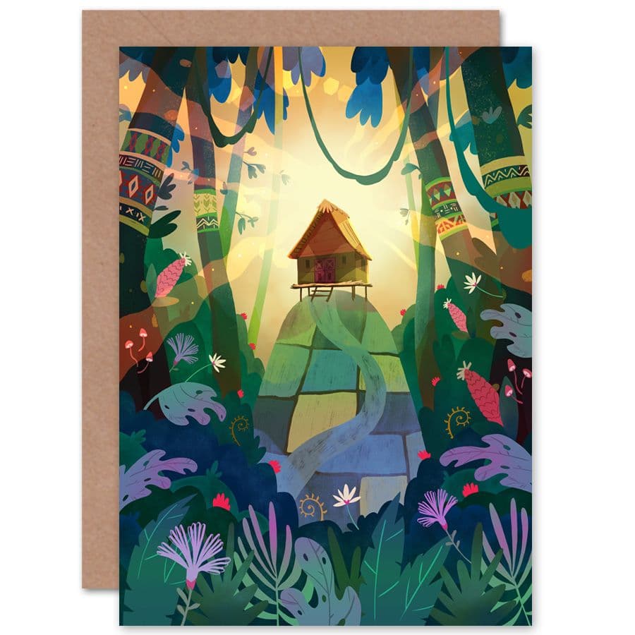 Jungle Cabin Sunset Greetings Card