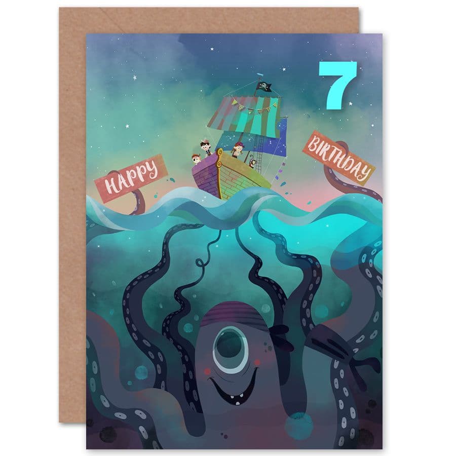 Pirate Octopus 7th Birthday Greetings Card