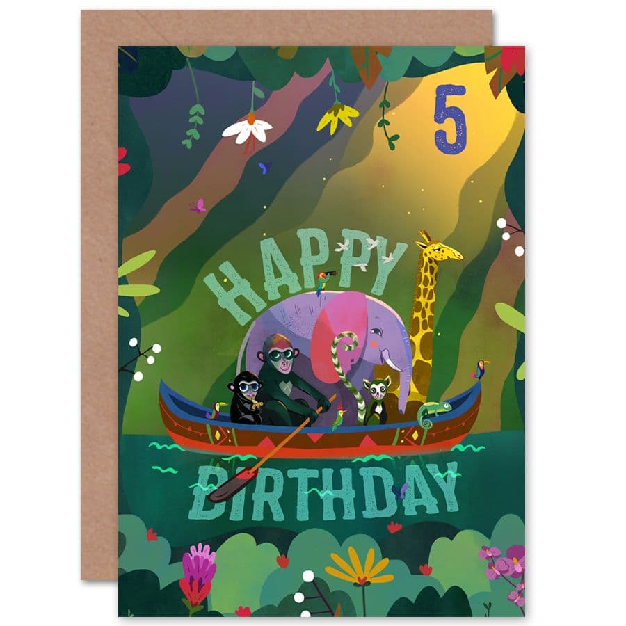 Jungle Boat 5th Birthday Greetings Card