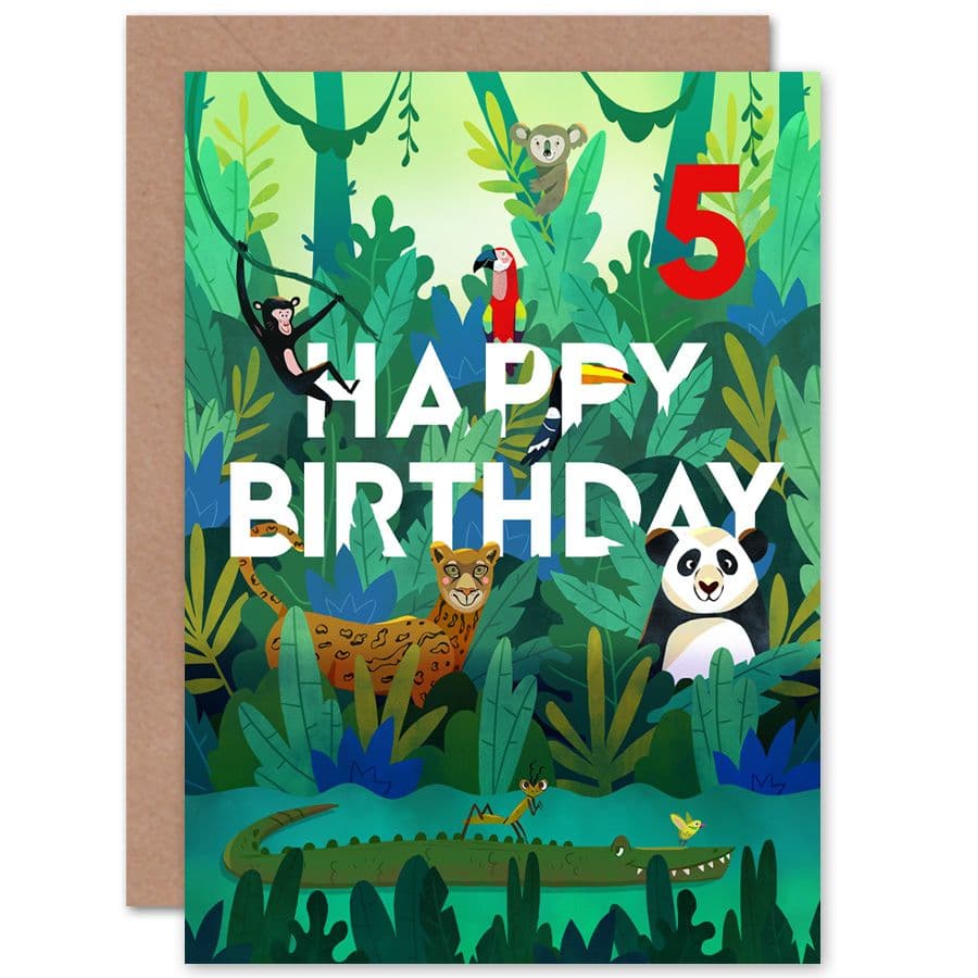 Jungle Animals 5th Birthday Greetings Card