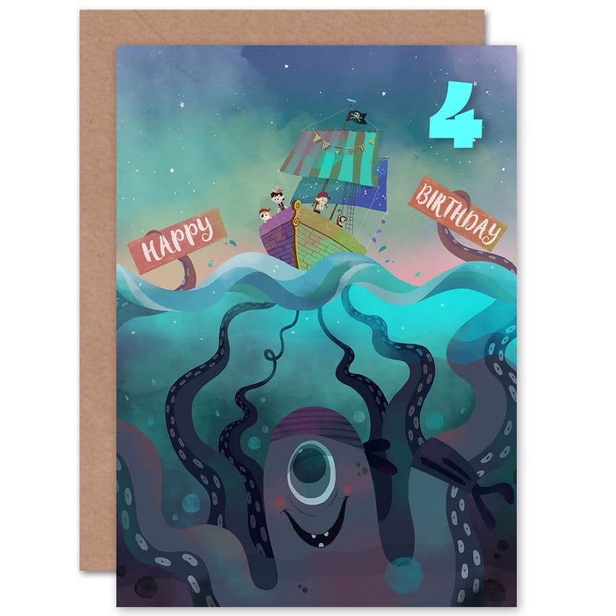 Pirate Octopus 4th Birthday Greetings Card