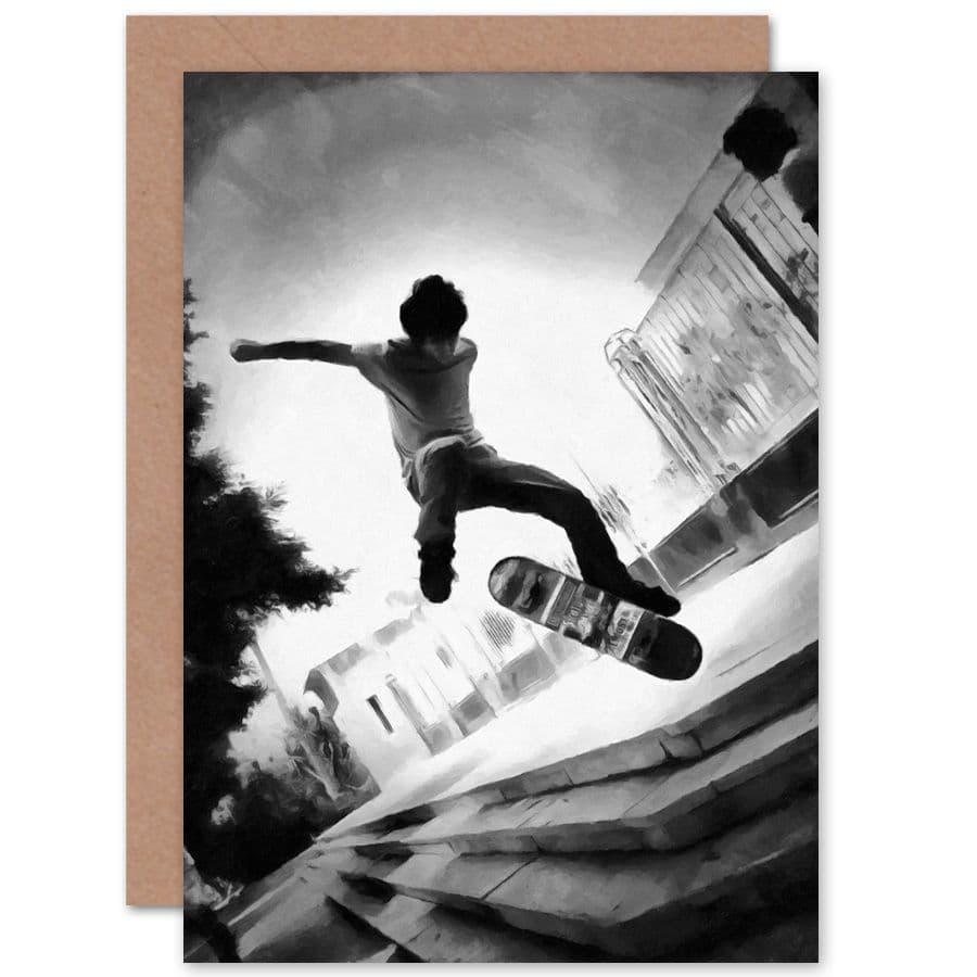 Skateboarder Trick Bw Greetings Card